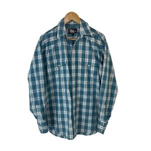 Resistol‎ Western Shirt M Pearl Button Down Men's Turquoise Blue Plaid